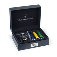 Load image into Gallery viewer, maserati traguardo 45mm chronograph black dial stainless steel bracelet with 3 silicone straps