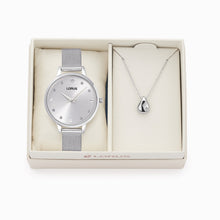 Load image into Gallery viewer, lorus quartz ladies gift set stainless steel silver dial mesh bracelet watch+pendant