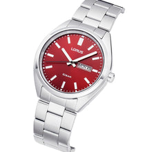 Load image into Gallery viewer, lorus quartz gents stainless steel red dial bracelet watch