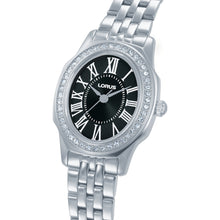 Load image into Gallery viewer, lorus quartz ladies stainless steel stone set black dial bracelet watch