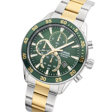 Load image into Gallery viewer, lorus chronograph gents two tone stainless steel green dial brcelet watch