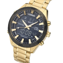 Load image into Gallery viewer, lorus quartz dual time gold plated black dial bracelet watch