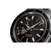 Load image into Gallery viewer, seiko presage style 60 automatic dual time, open heart, black dial, 40.8mm 5bar, bracelet watch