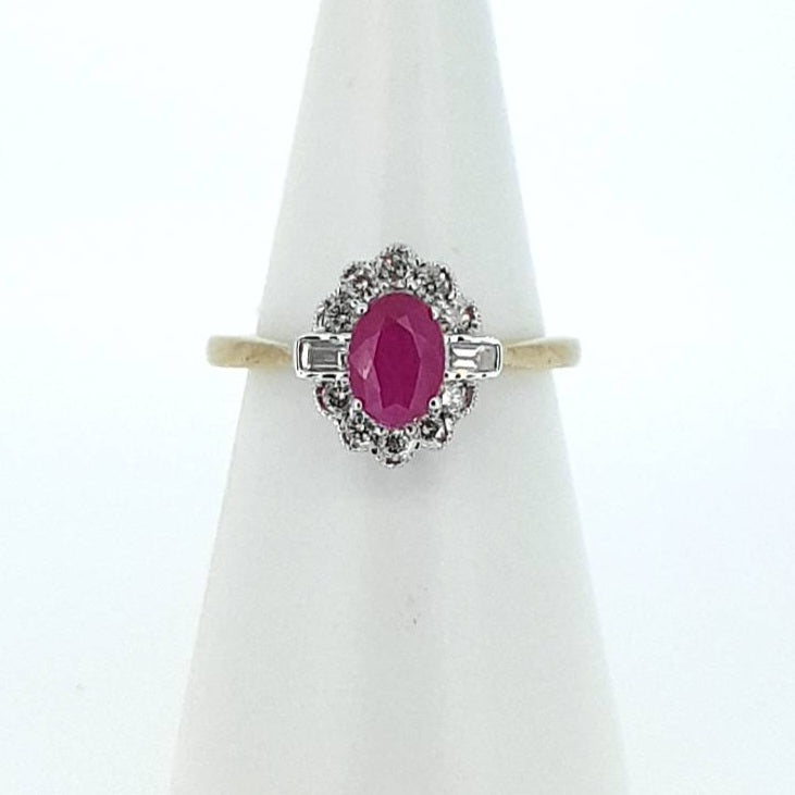 9kt Yellow Gold - Oval Ruby and Diamond Cluster Ring