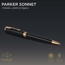 Load image into Gallery viewer, parker sonnet ballpoint pen black lacquer with gold trim medium point black ink
