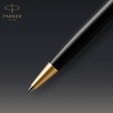 Load image into Gallery viewer, parker sonnet ballpoint pen black lacquer with gold trim medium point black ink
