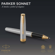 Load image into Gallery viewer, parker sonnet rollerball pen stainless steel with gold trim fine point black ink
