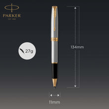 Load image into Gallery viewer, parker sonnet rollerball pen stainless steel with gold trim fine point black ink
