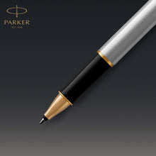 Load image into Gallery viewer, parker sonnet rollerball pen stainless steel with gold trim fine point black ink
