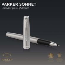 Load image into Gallery viewer, parker sonnet rollerball pen stainless steel with palladium trim fine point black ink
