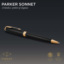 Load image into Gallery viewer, parker sonnet ballpoint pen matte black lacquer with gold trim medium point black ink
