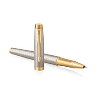 Load image into Gallery viewer, parker im premium warm grey gold trim rollerball fine point black pen
