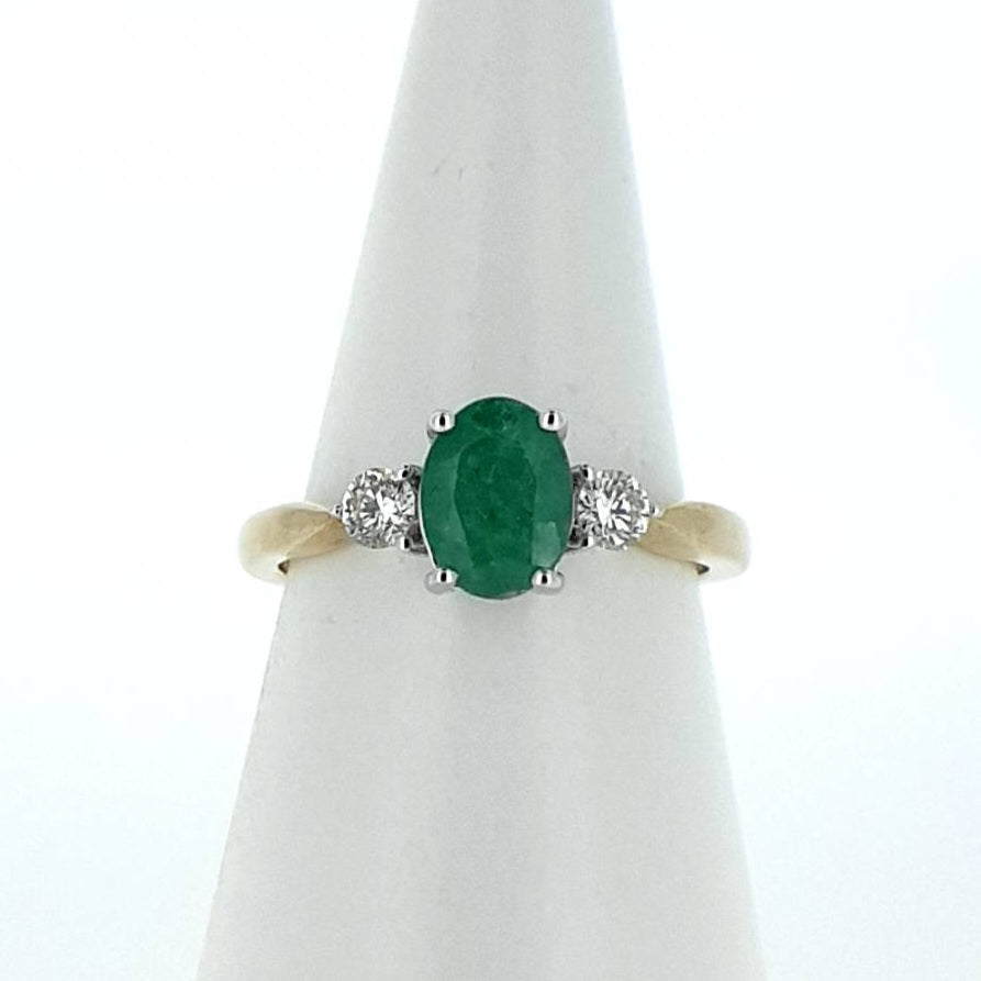 9kt Yellow Gold - Oval Emerald & Diamond 3 Stone Ring