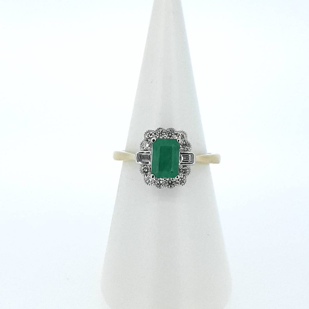 9kt Yellow Gold - Emerald Cut Emerald and Diamond Ring