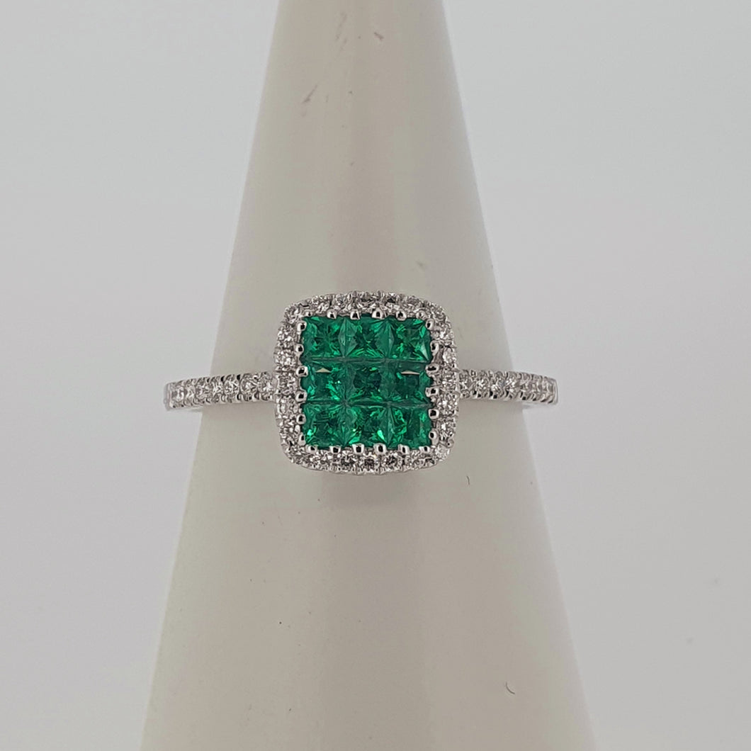 18kt White Gold - Diamond and Emerald Engagement Ring