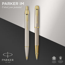 Load image into Gallery viewer, parker im duo gift set with ballpoint pen &amp; rollerball pen brushed metal with gold trim black ink refill &amp; cartridge
