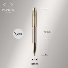 Load image into Gallery viewer, parker im duo gift set with ballpoint pen &amp; rollerball pen brushed metal with gold trim black ink refill &amp; cartridge
