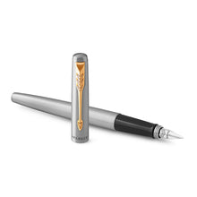 Load image into Gallery viewer, parker jotter duo gift set with ballpoint pen &amp; fountain pen stainless steel with gold trim blue ink refill &amp; cartridges
