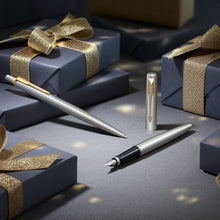 Load image into Gallery viewer, parker jotter duo gift set with ballpoint pen &amp; fountain pen stainless steel with gold trim blue ink refill &amp; cartridges
