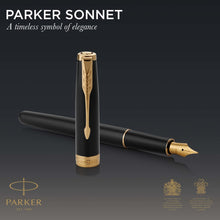 Load image into Gallery viewer, parker sonnet duo gift set with ballpoint pen &amp; fountain pen (18k gold nib) gloss black with gold trim black refill &amp; cartridges
