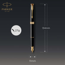 Load image into Gallery viewer, parker sonnet duo gift set with ballpoint pen &amp; fountain pen (18k gold nib) gloss black with gold trim black refill &amp; cartridges
