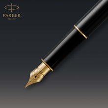 Load image into Gallery viewer, parker sonnet duo gift set with ballpoint pen &amp; fountain pen (18k gold nib) gloss black with gold trim black refill &amp; cartridges
