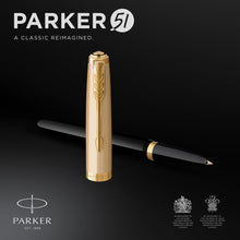 Load image into Gallery viewer, parker 51 fountain pen deluxe black barrel with gold trim medium 18k gold nib with black ink cartridge
