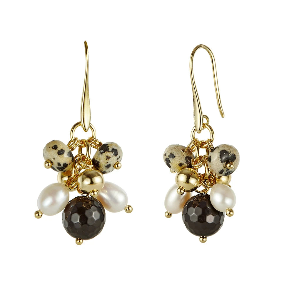 Jersey Pearl - Joy Black Agate & Dalmatian Stone Pearl Drop Earrings