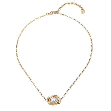 Load image into Gallery viewer, uno de 50 full pearlmoon gold-plated metal alloy necklace with thin chain, small two moon-shaped charm and small pearl
