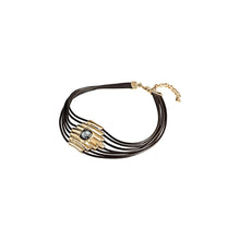 Load image into Gallery viewer, uno de 50 attached short 7- brown leather strap necklace  gold-plated metal alloy cast tubule charm and grey crystal
