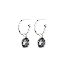 Load image into Gallery viewer, uno de 50 shiny tears silver-plated metal alloy earrings, open ring-shaped and embedding section with grey crystal
