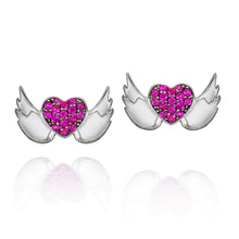 Load image into Gallery viewer, real effect ruby stone set heart with plain silver angel wing stud earrings
