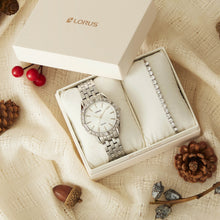 Load image into Gallery viewer, lorus ladies gift set - stainless steel silver dial watch &amp; stone set slider bracelet
