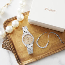 Load image into Gallery viewer, lorus ladies gift set stainless steel pink dial watch &amp; silder bracelet
