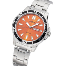 Load image into Gallery viewer, lorus quartz gents stainless steel orange dial bracelet watch
