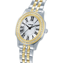 Load image into Gallery viewer, lorus quartz ladies two tone stone set white dial bracelet watch
