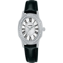 Load image into Gallery viewer, lorus quartz ladies stainless steel stone set black dial strap watch
