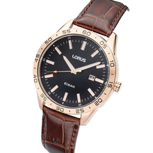 Load image into Gallery viewer, lorus quartz gents rose gold black dial strap watch
