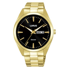 Load image into Gallery viewer, lorus quartz gents gold plated black dial bracelet watch
