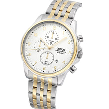 Load image into Gallery viewer, lorus chronograph gents two tone stainless steel white dial brcelet watch
