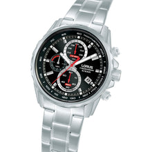 Load image into Gallery viewer, lorus quartz chronograph gents stainless steel black dial bracelet watch
