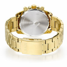 Load image into Gallery viewer, lorus quartz chronograph gents gold plated black dial bracelet watch
