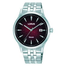 Load image into Gallery viewer, lorus quartz gents stainless steel burgundy dial bracelet watch
