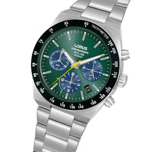 Load image into Gallery viewer, lorus solar chronograph gents stainless steel green dial bracelet watch
