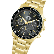 Load image into Gallery viewer, lorus solar chronograph gents gold plated black dial bracelet watch
