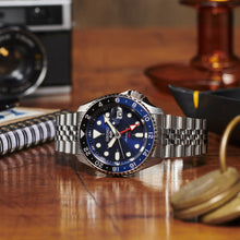 Load image into Gallery viewer, seiko 5 sports &#39;blueberry&#39; gmt skx re-interpretation
