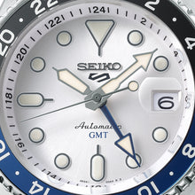 Load image into Gallery viewer, seiko 5 sports skx gmt black &amp; blue bezel with a white dial
