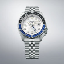 Load image into Gallery viewer, seiko 5 sports skx gmt black &amp; blue bezel with a white dial
