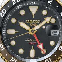 Load image into Gallery viewer, seiko 5 sports skx gmt black &amp; gold bezel with a black dial
