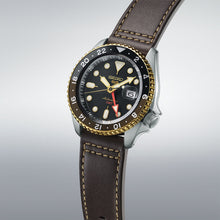 Load image into Gallery viewer, seiko 5 sports skx gmt black &amp; gold bezel with a black dial
